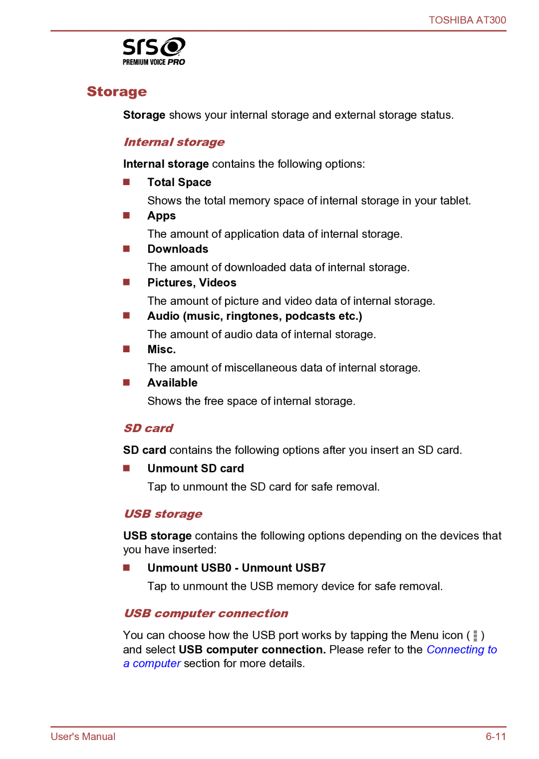 Toshiba AT300 user manual Storage, Internal storage, SD card, USB storage, USB computer connection 