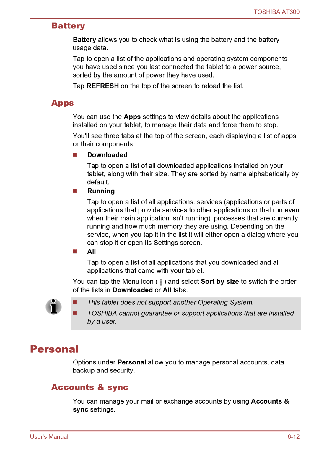 Toshiba AT300 user manual Personal, Battery, Apps, Accounts & sync 