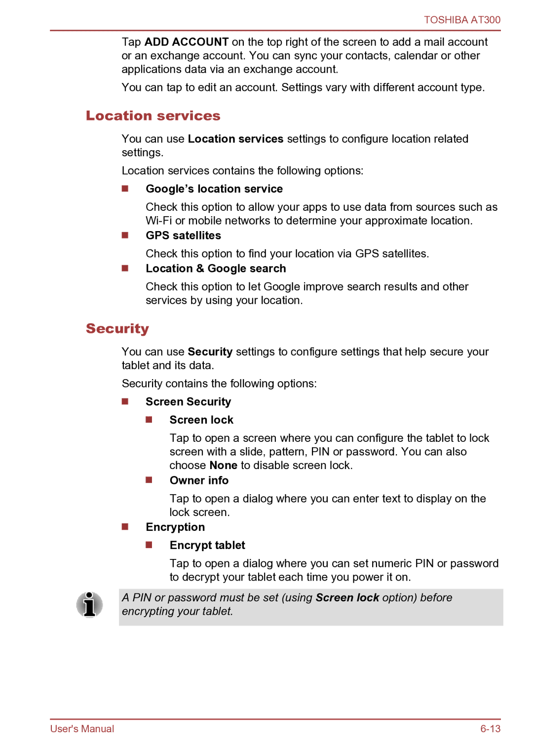 Toshiba AT300 user manual Location services, Security 