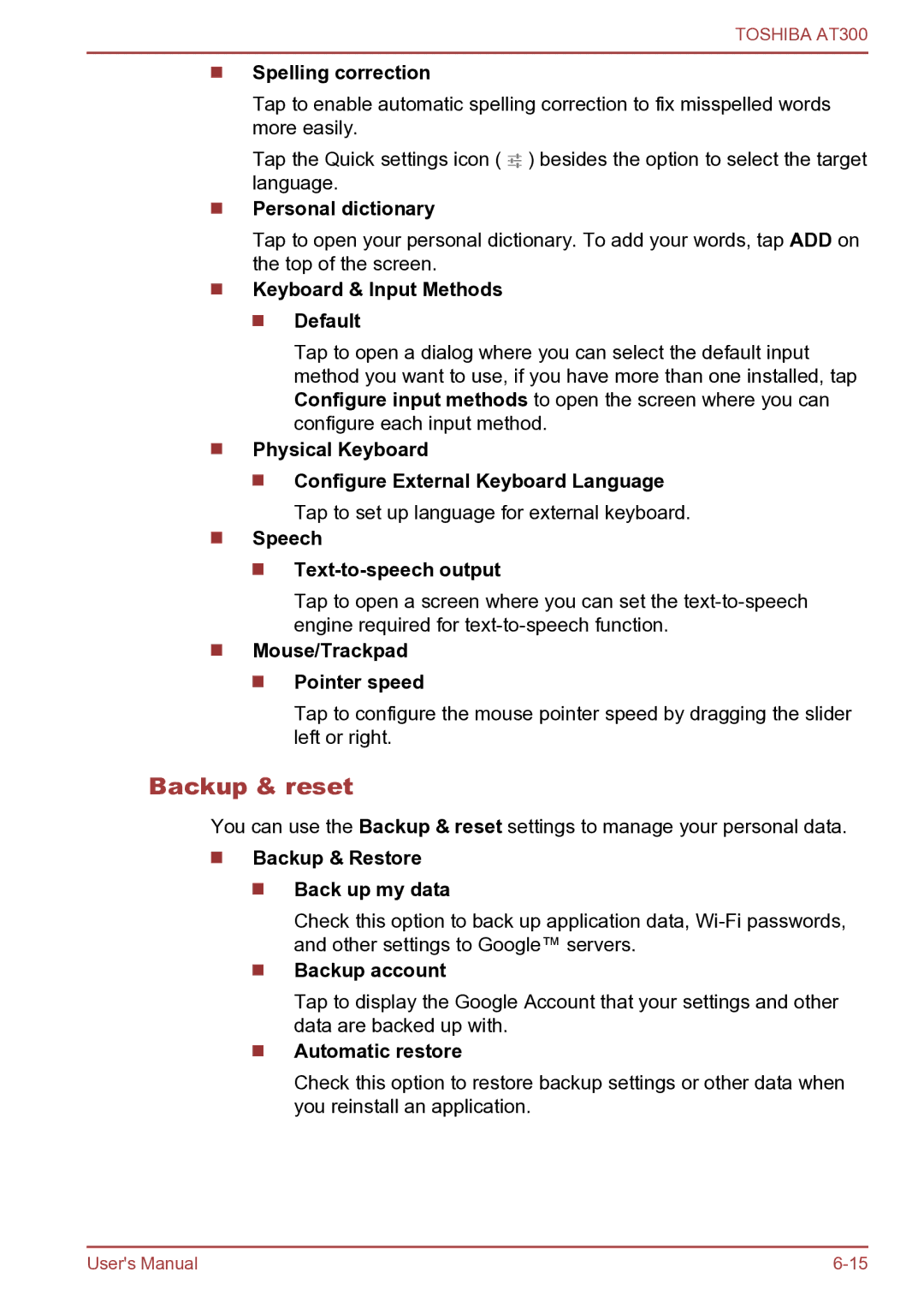 Toshiba AT300 user manual Backup & reset 