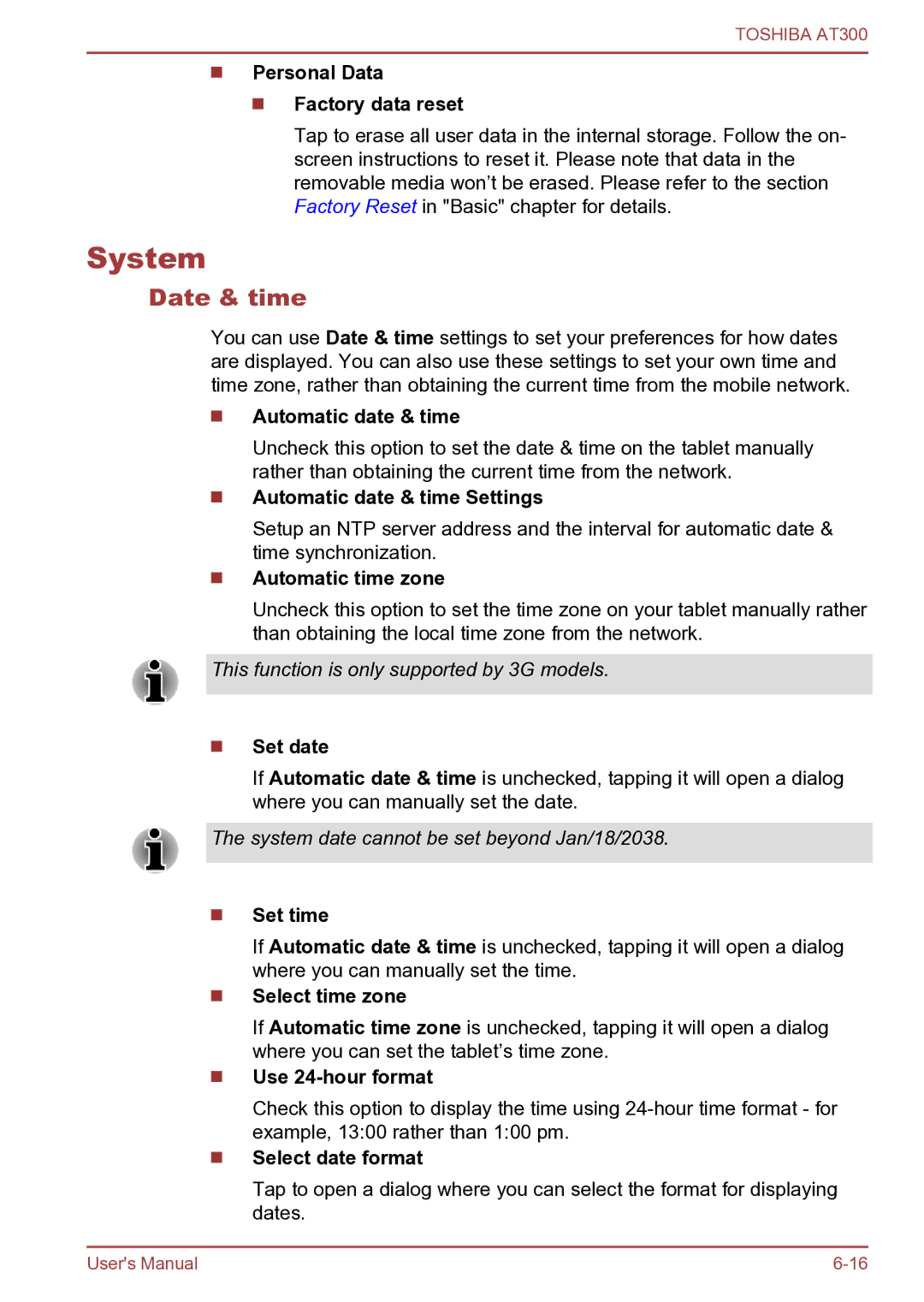 Toshiba AT300 user manual System, Date & time 