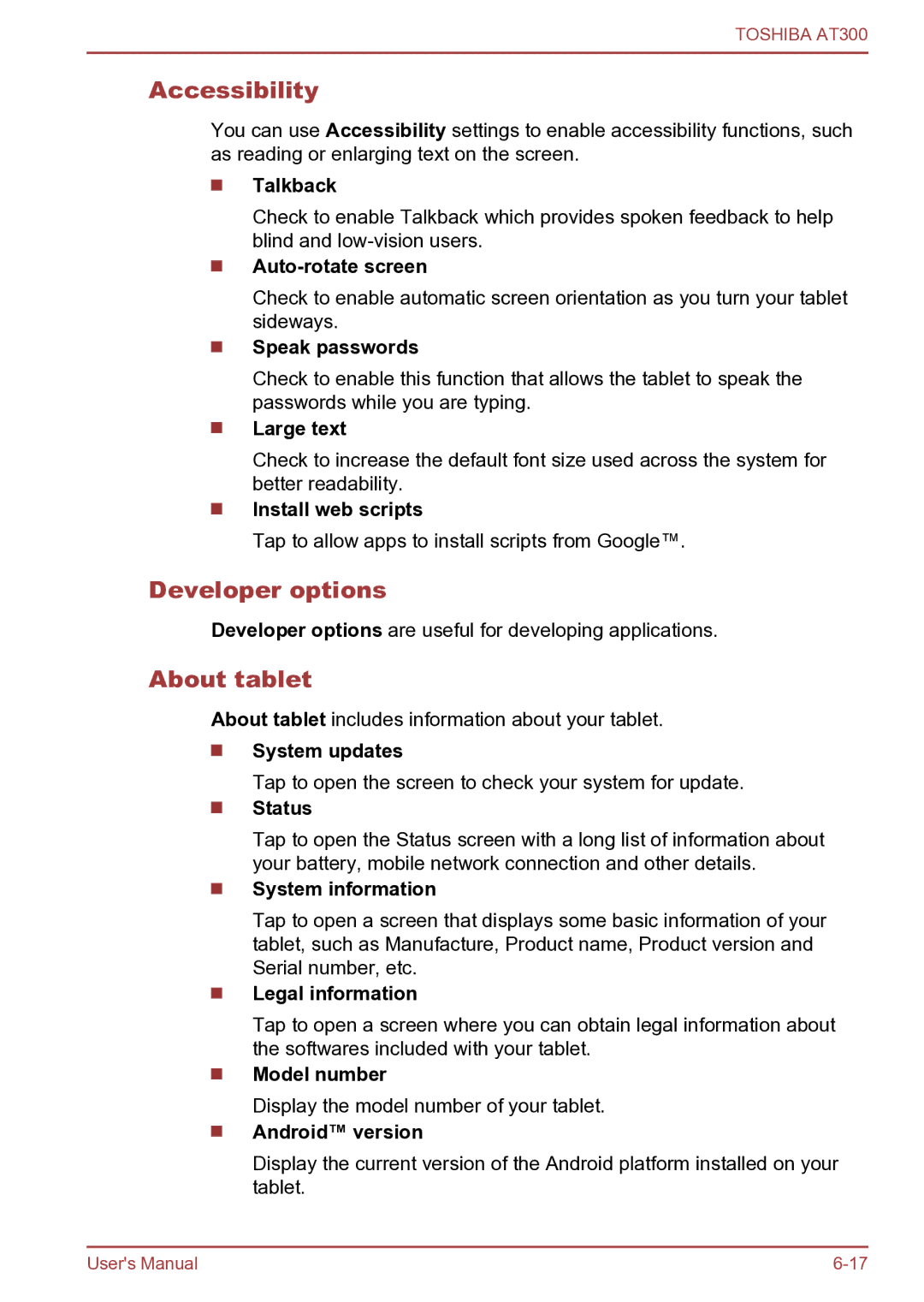 Toshiba AT300 user manual Accessibility, Developer options, About tablet 