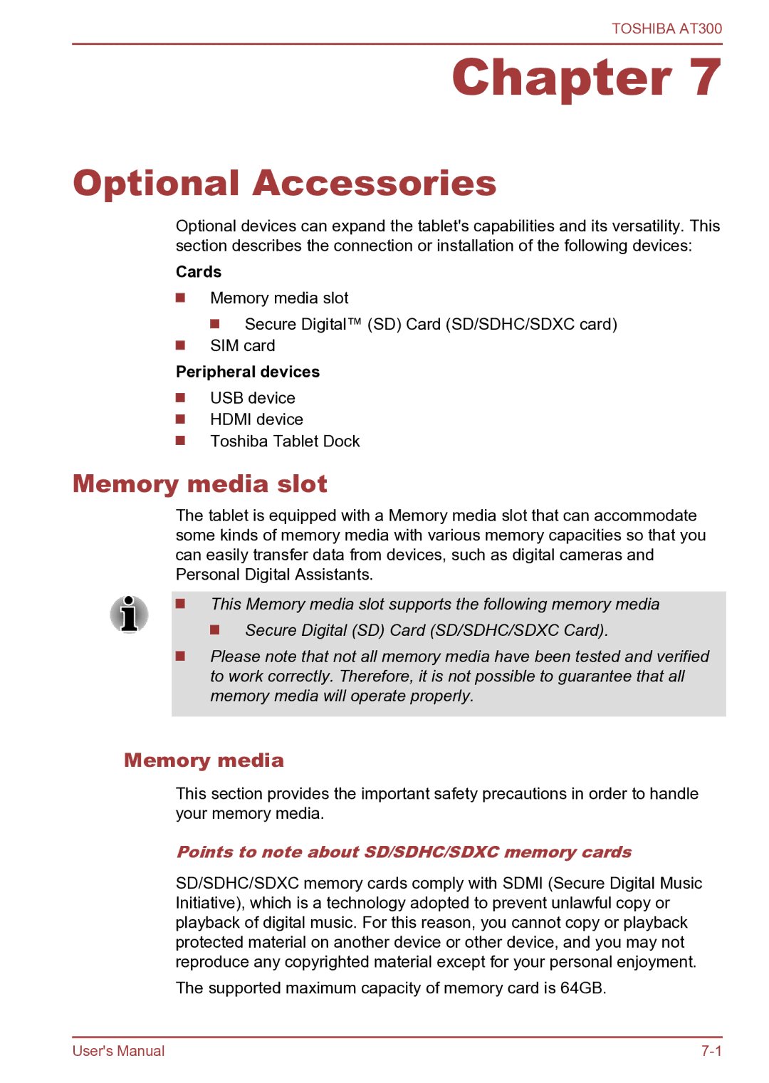 Toshiba AT300 user manual Optional Accessories, Memory media slot, Points to note about SD/SDHC/SDXC memory cards 