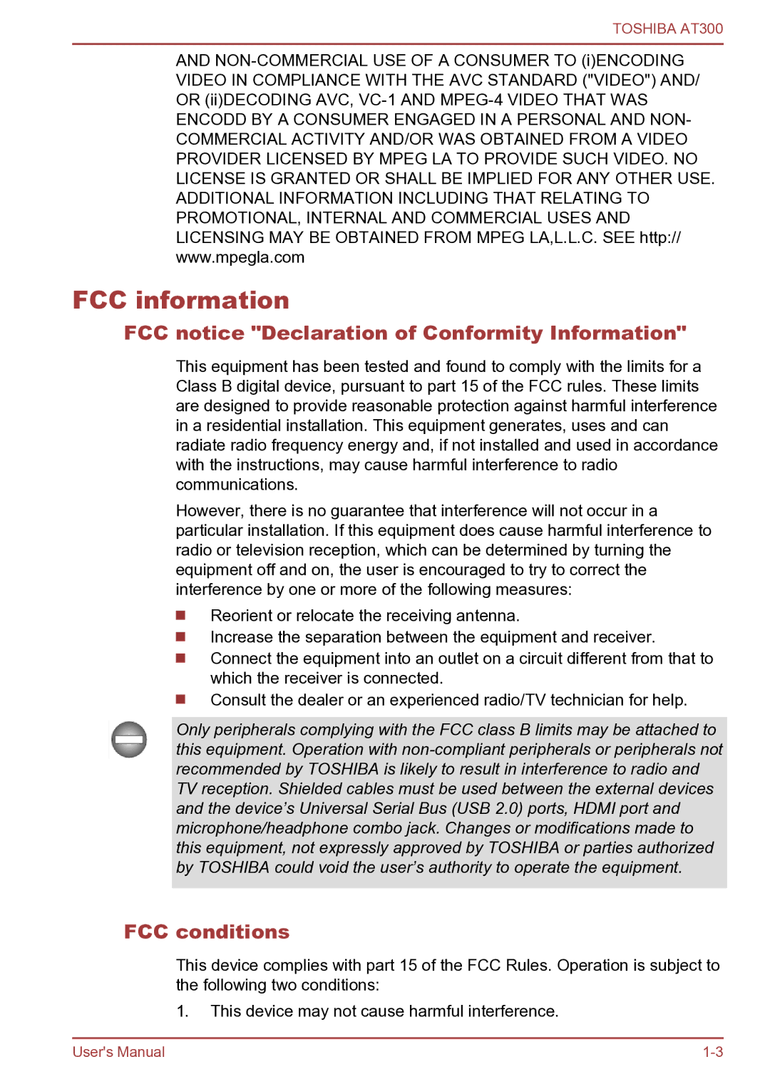 Toshiba AT300 user manual FCC information, FCC notice Declaration of Conformity Information, FCC conditions 