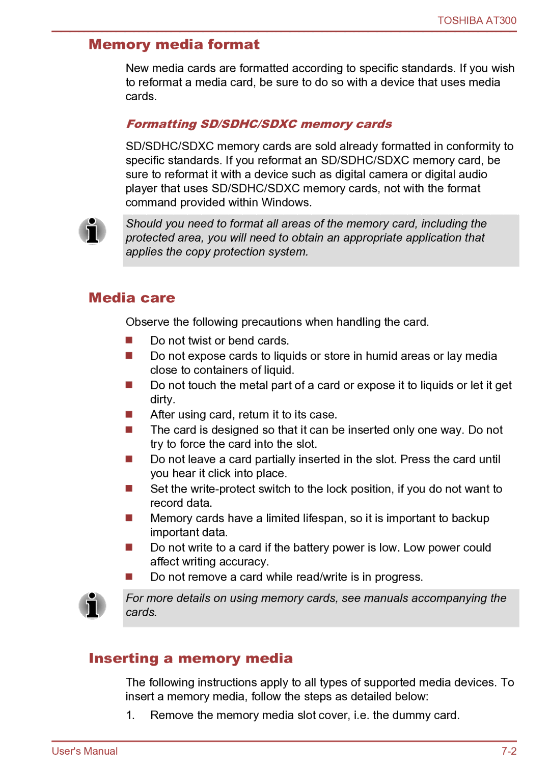 Toshiba AT300 user manual Memory media format, Media care, Inserting a memory media, Formatting SD/SDHC/SDXC memory cards 