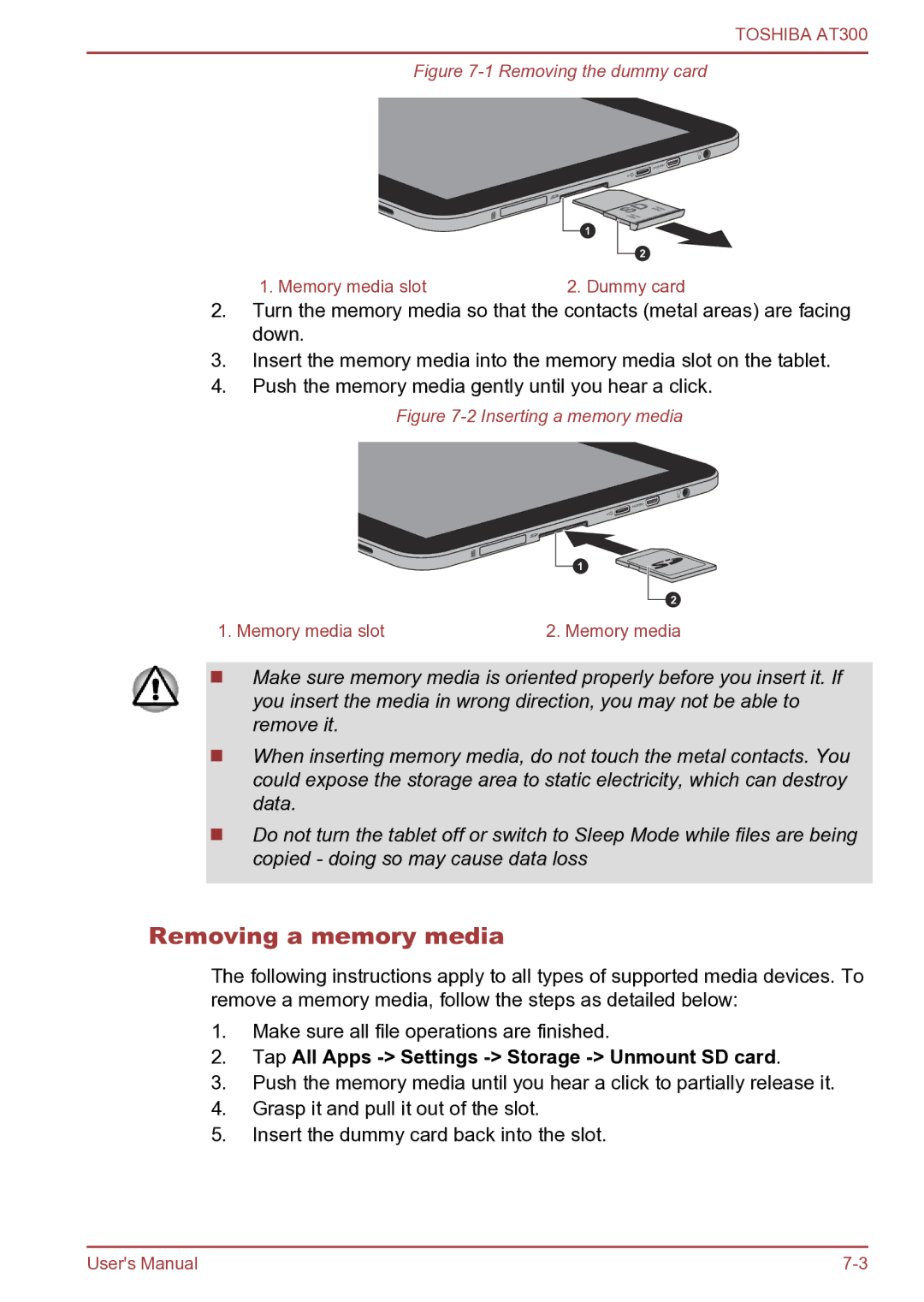 Toshiba AT300 user manual Removing a memory media, Tap All Apps Settings Storage Unmount SD card 