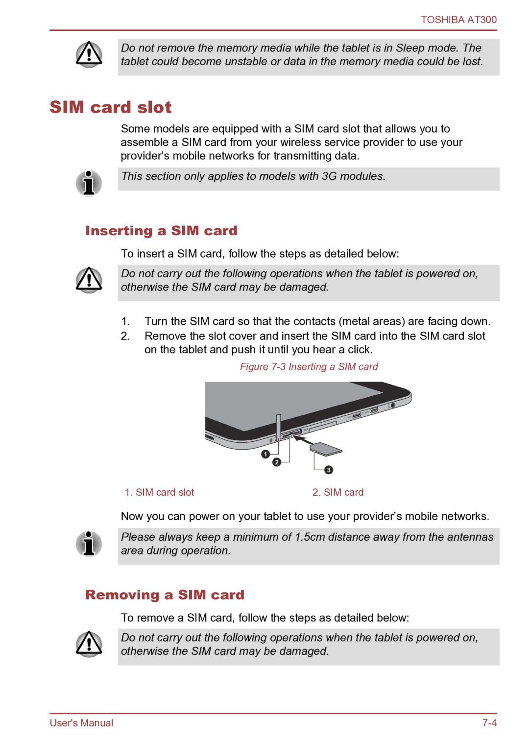 Toshiba AT300 user manual SIM card slot, Inserting a SIM card, Removing a SIM card 