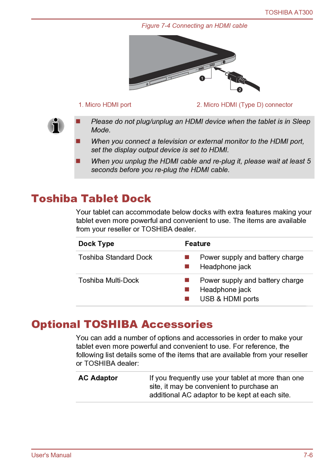 Toshiba AT300 user manual Toshiba Tablet Dock, Optional Toshiba Accessories, Dock Type Feature 