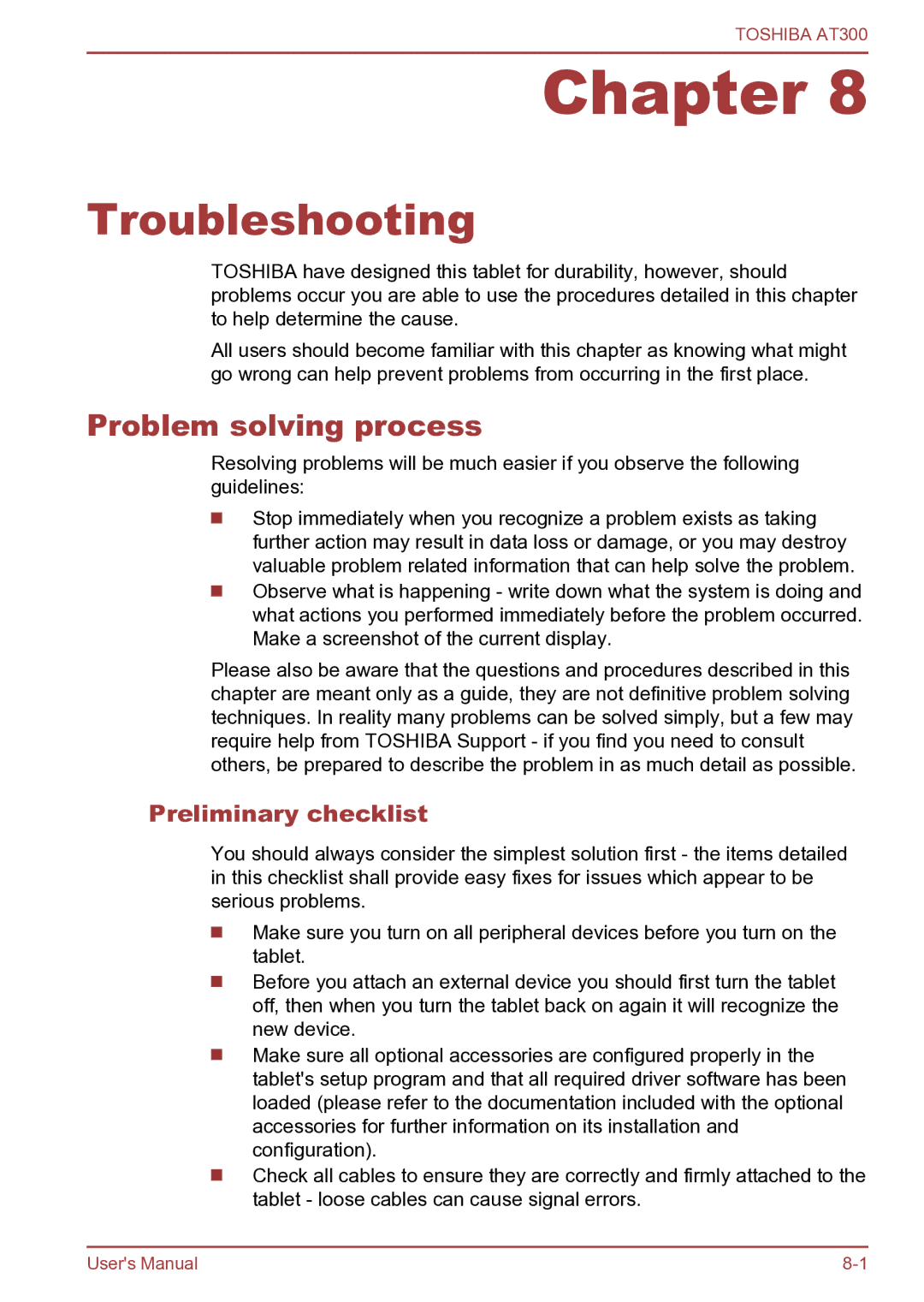 Toshiba AT300 user manual Troubleshooting, Problem solving process, Preliminary checklist 