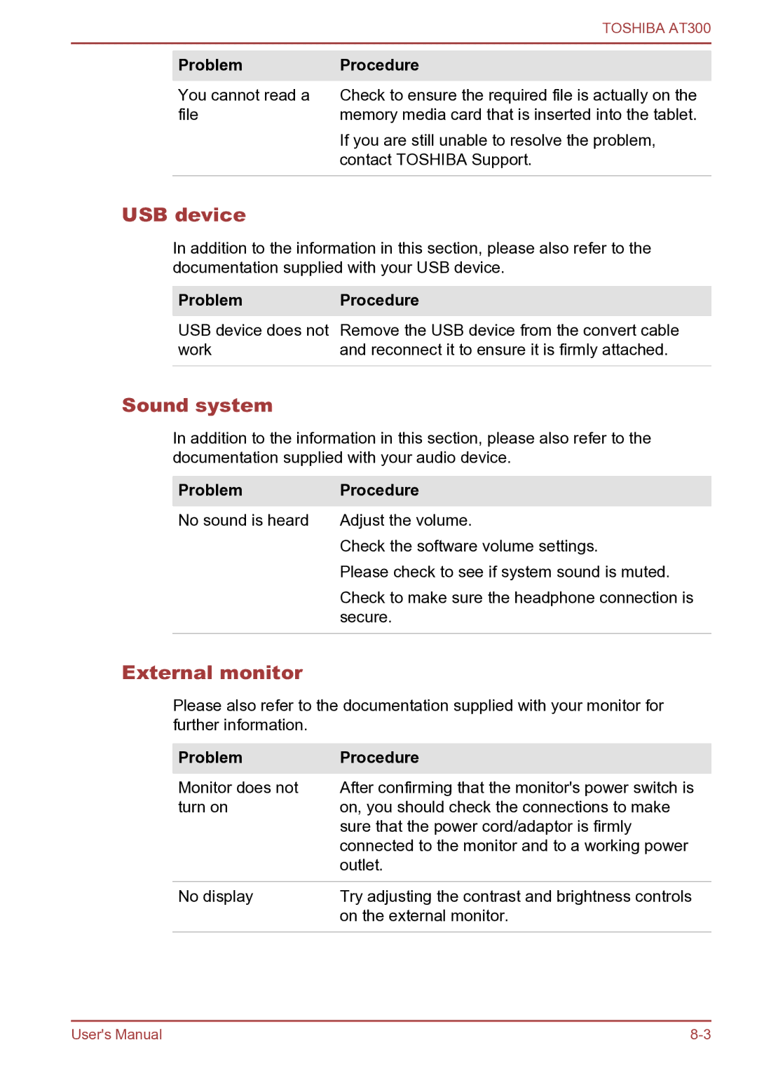 Toshiba AT300 user manual USB device, Sound system, External monitor 