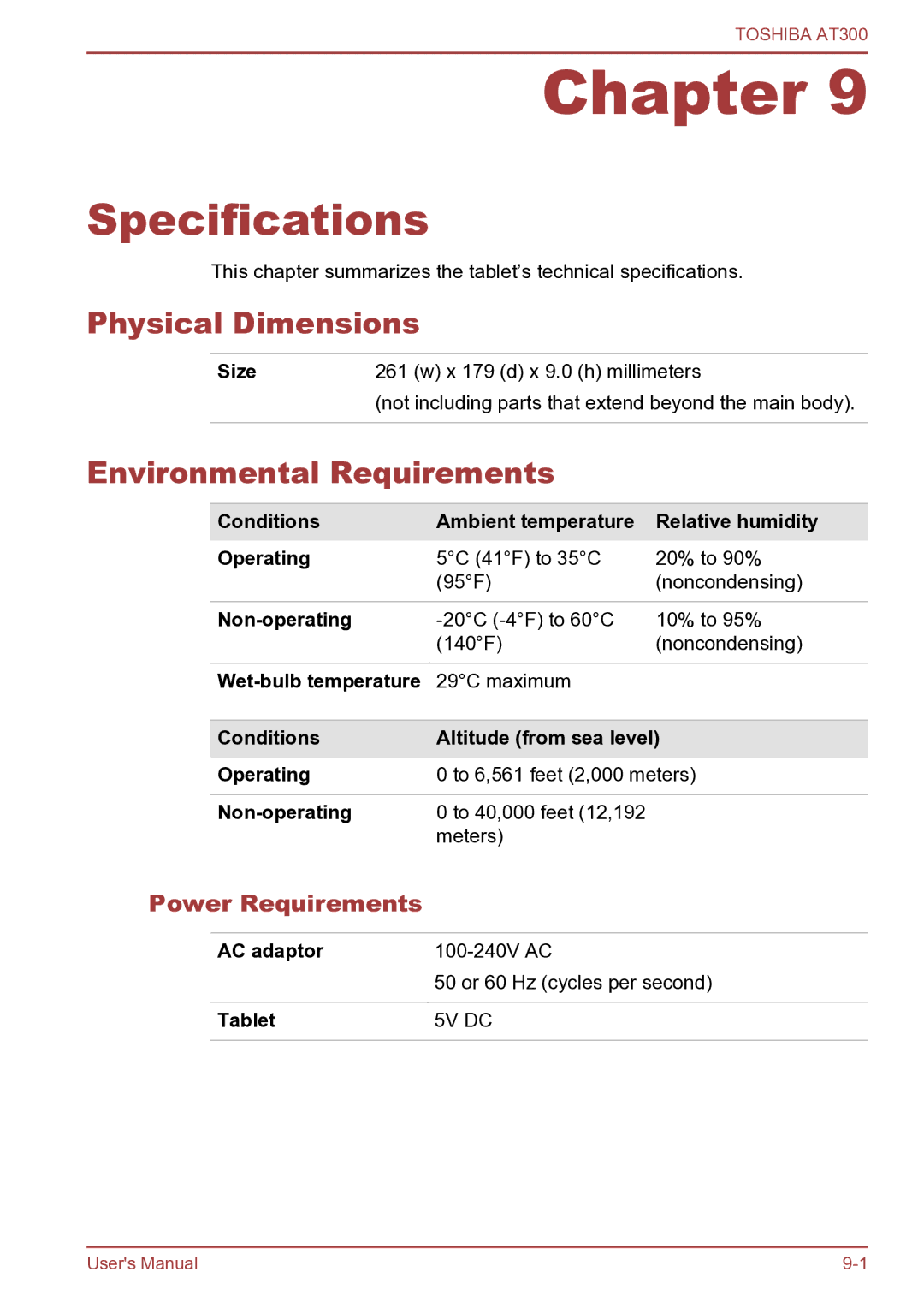 Toshiba AT300 user manual Specifications, Physical Dimensions, Environmental Requirements, Power Requirements 