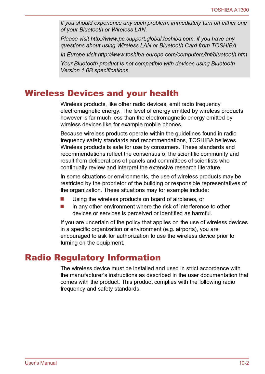 Toshiba AT300 user manual Wireless Devices and your health, Radio Regulatory Information 