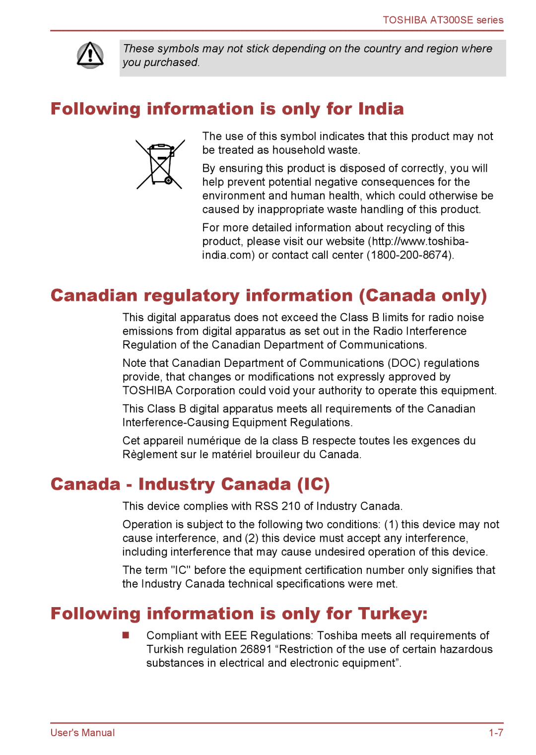 Toshiba AT300SE user manual Following information is only for India, Canadian regulatory information Canada only 