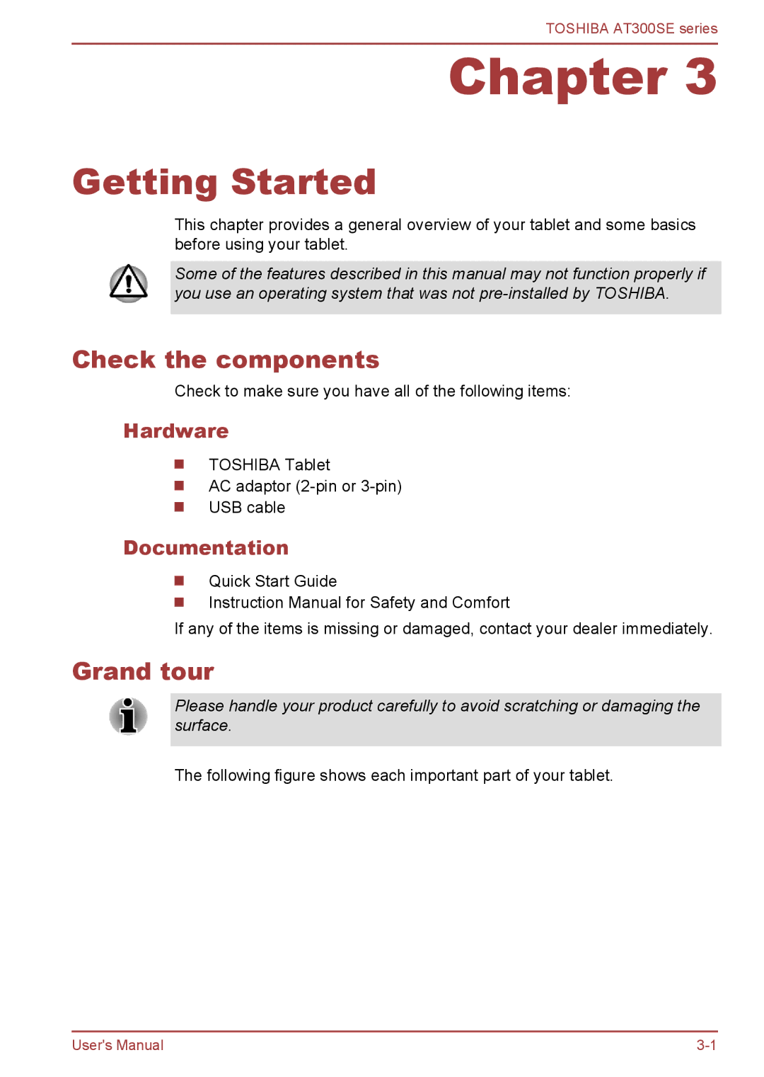 Toshiba AT300SE user manual Getting Started, Check the components, Grand tour, Hardware, Documentation 