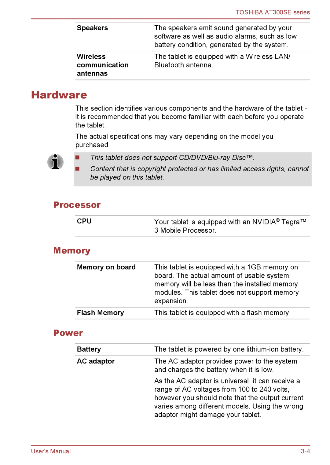 Toshiba AT300SE user manual Hardware, Processor, Memory, Power 