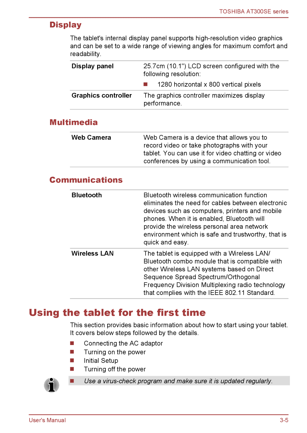 Toshiba AT300SE user manual Using the tablet for the first time, Display, Multimedia, Communications 