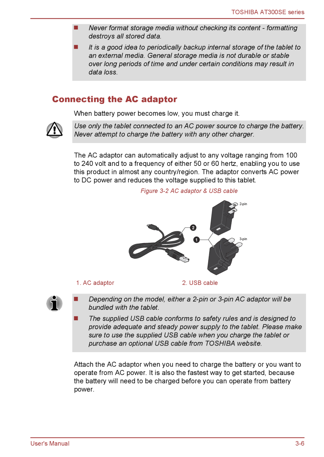 Toshiba AT300SE user manual Connecting the AC adaptor, AC adaptor & USB cable 