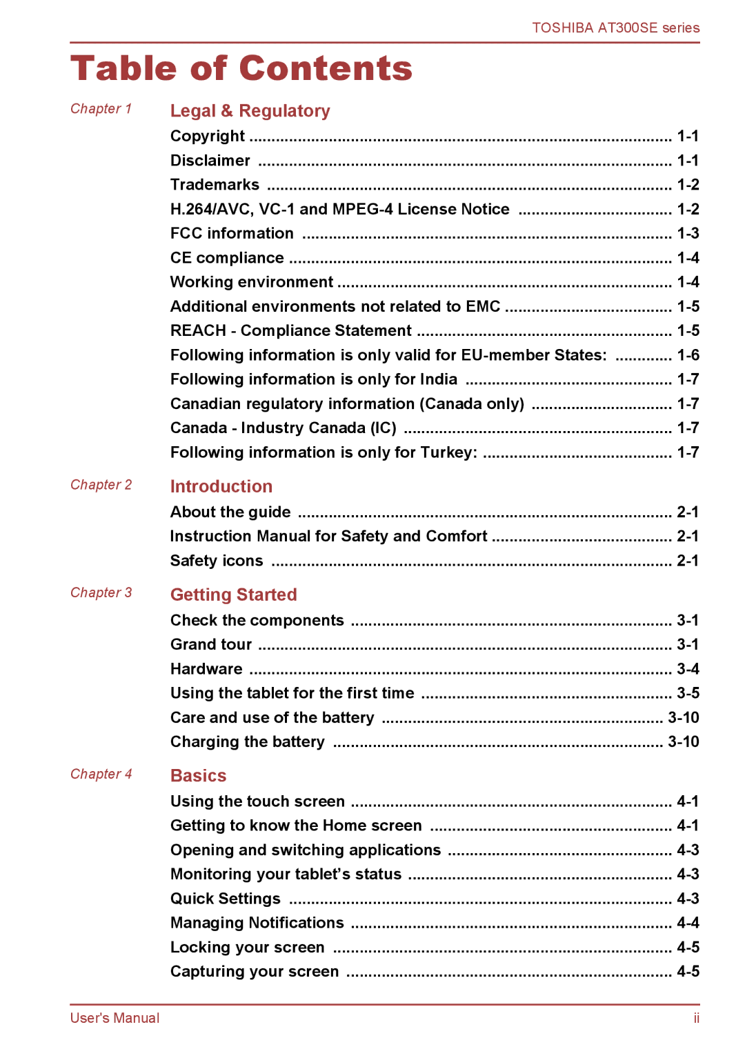 Toshiba AT300SE user manual Table of Contents 