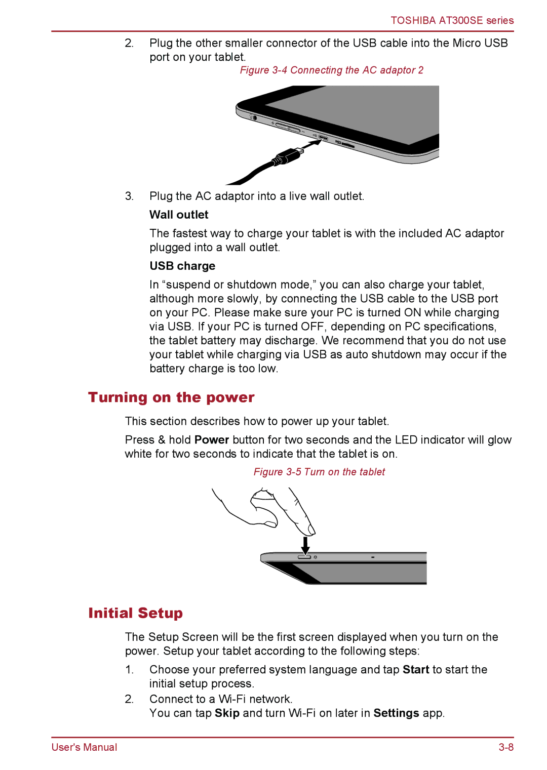 Toshiba AT300SE user manual Turning on the power, Initial Setup, Wall outlet, USB charge 