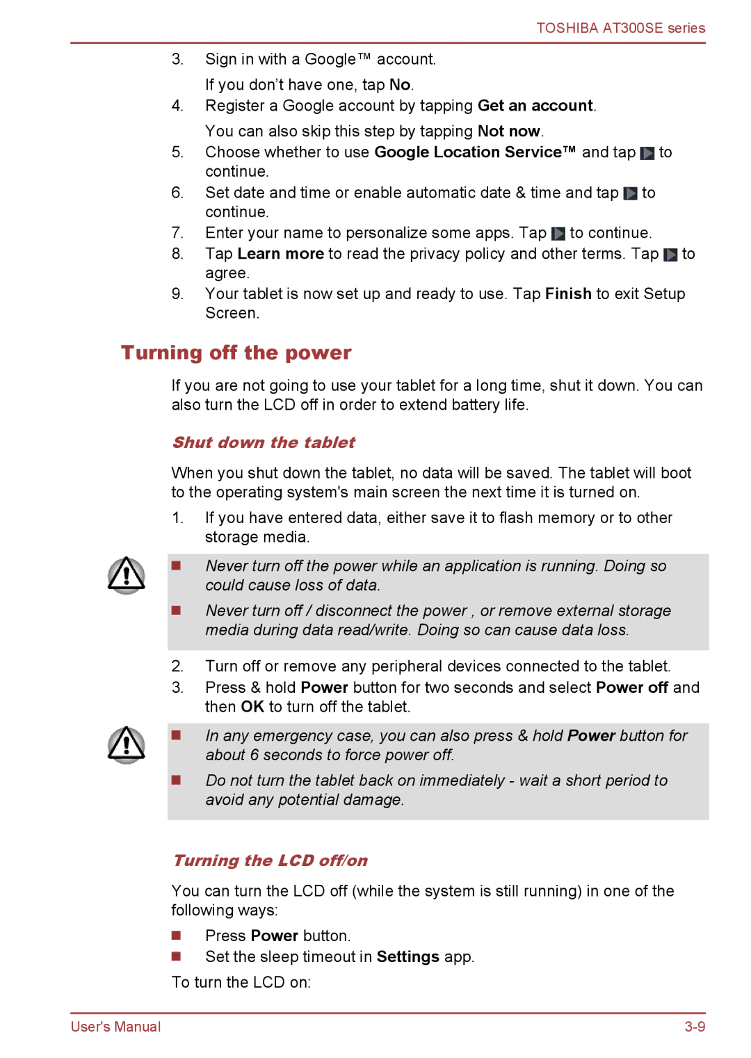 Toshiba AT300SE user manual Turning off the power, Shut down the tablet, Turning the LCD off/on 