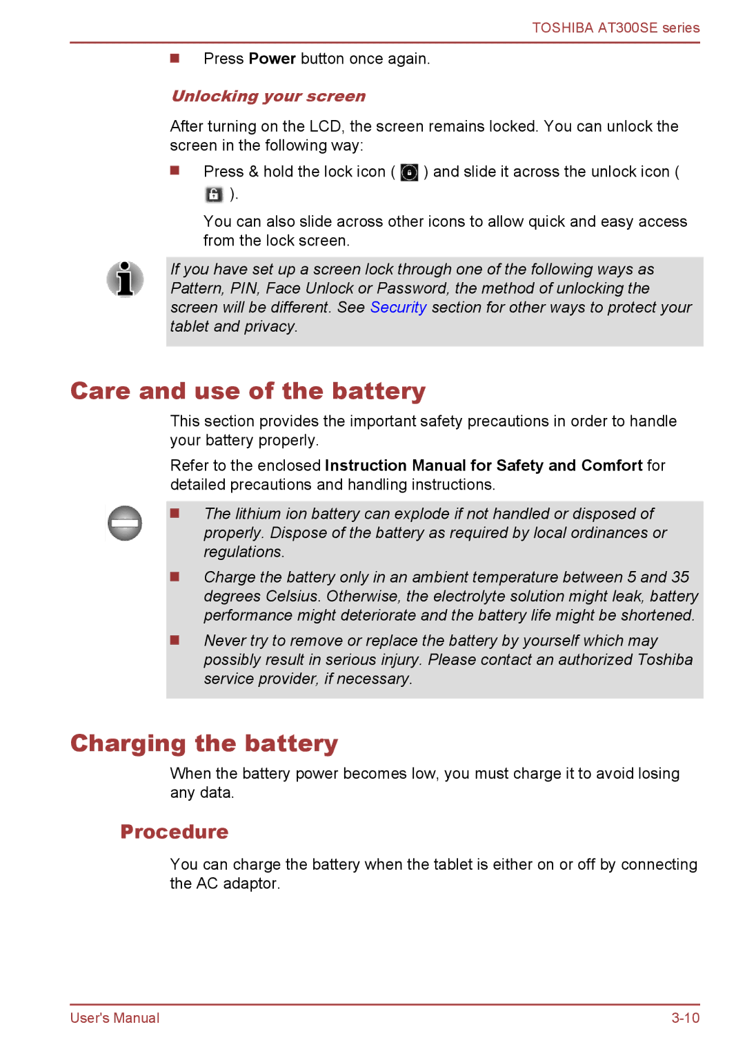 Toshiba AT300SE user manual Care and use of the battery, Charging the battery, Procedure, Unlocking your screen 