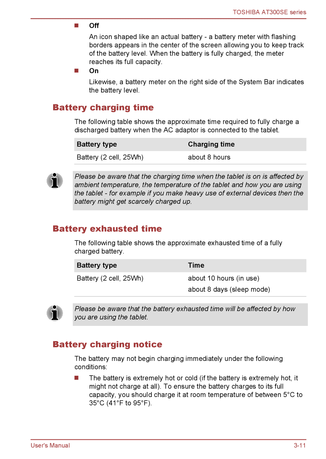 Toshiba AT300SE user manual Battery charging time, Battery exhausted time, Battery charging notice, Off, Battery type Time 