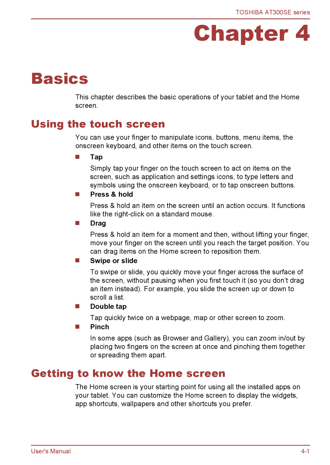 Toshiba AT300SE user manual Basics, Using the touch screen, Getting to know the Home screen 