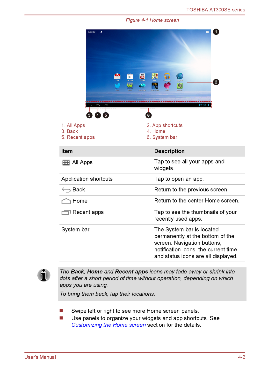 Toshiba AT300SE user manual Description, Home screen 