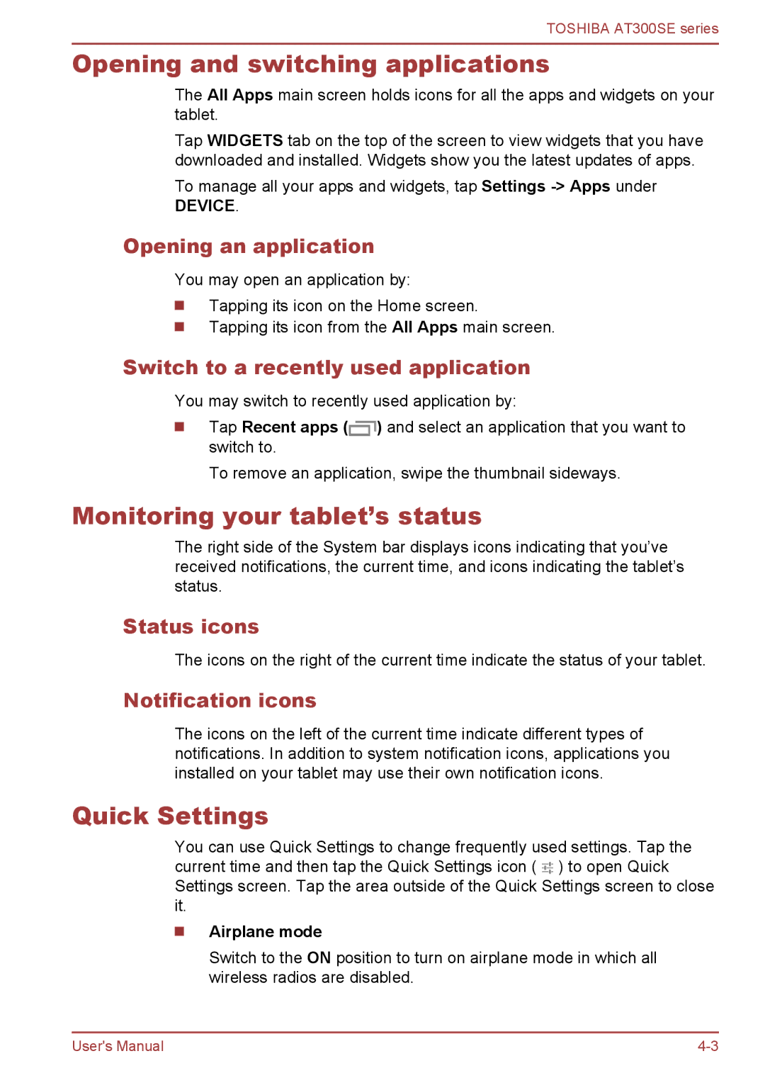 Toshiba AT300SE user manual Opening and switching applications, Monitoring your tablet’s status, Quick Settings 