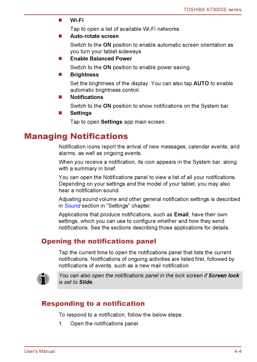 Toshiba AT300SE user manual Managing Notifications, Opening the notifications panel, Responding to a notification 