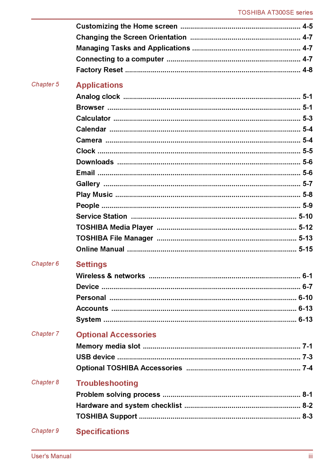 Toshiba AT300SE user manual Specifications 