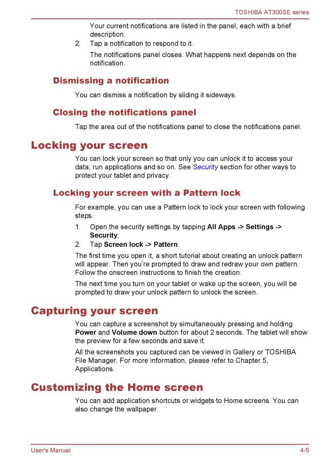 Toshiba AT300SE user manual Locking your screen, Capturing your screen, Customizing the Home screen 