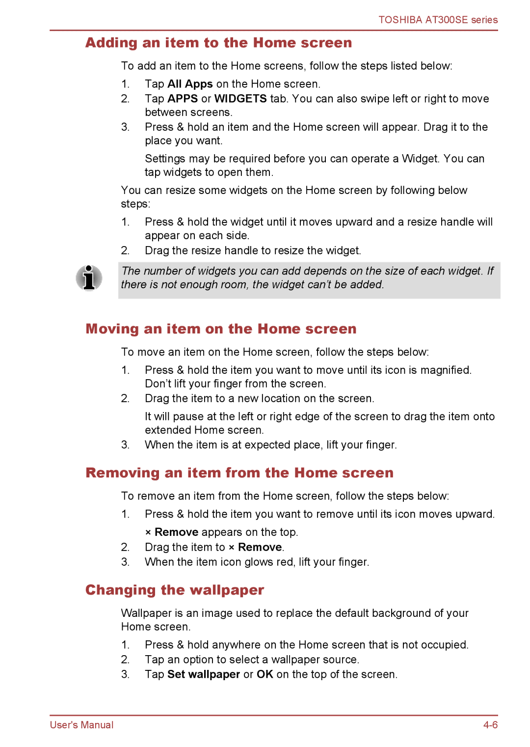 Toshiba AT300SE user manual Adding an item to the Home screen, Moving an item on the Home screen, Changing the wallpaper 