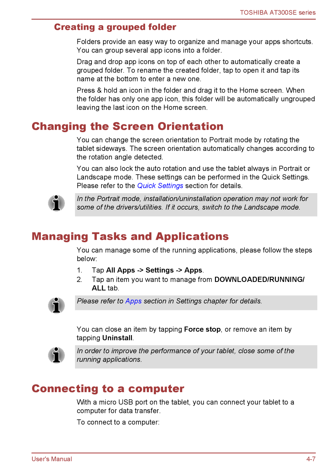 Toshiba AT300SE user manual Changing the Screen Orientation, Managing Tasks and Applications, Connecting to a computer 