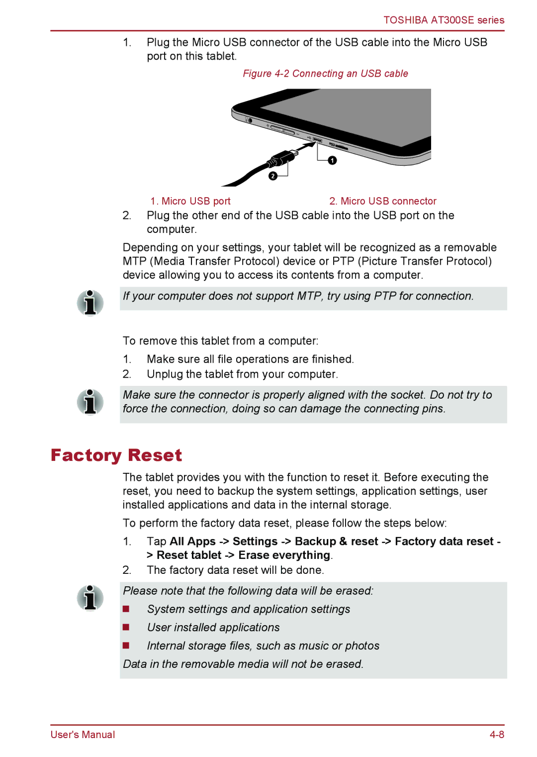 Toshiba AT300SE user manual Factory Reset, Connecting an USB cable 