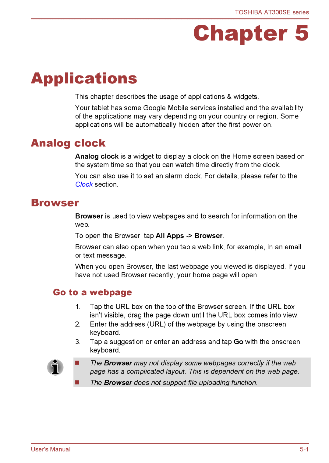 Toshiba AT300SE user manual Applications, Analog clock, Browser, Go to a webpage 