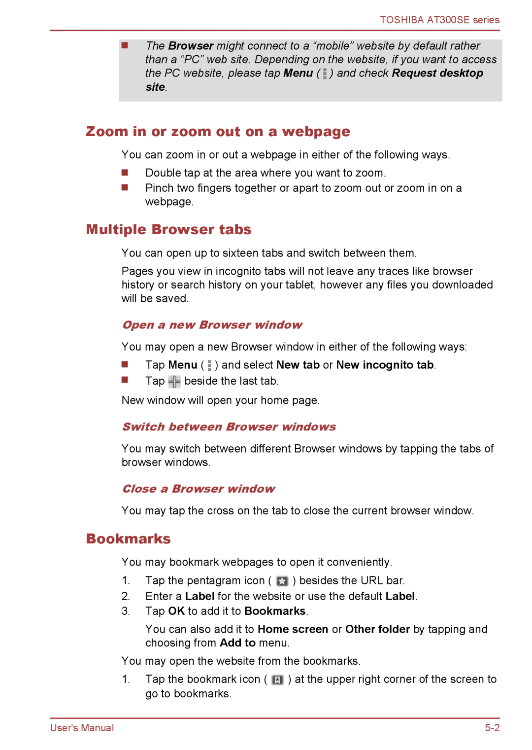 Toshiba AT300SE user manual Zoom in or zoom out on a webpage, Multiple Browser tabs, Bookmarks 