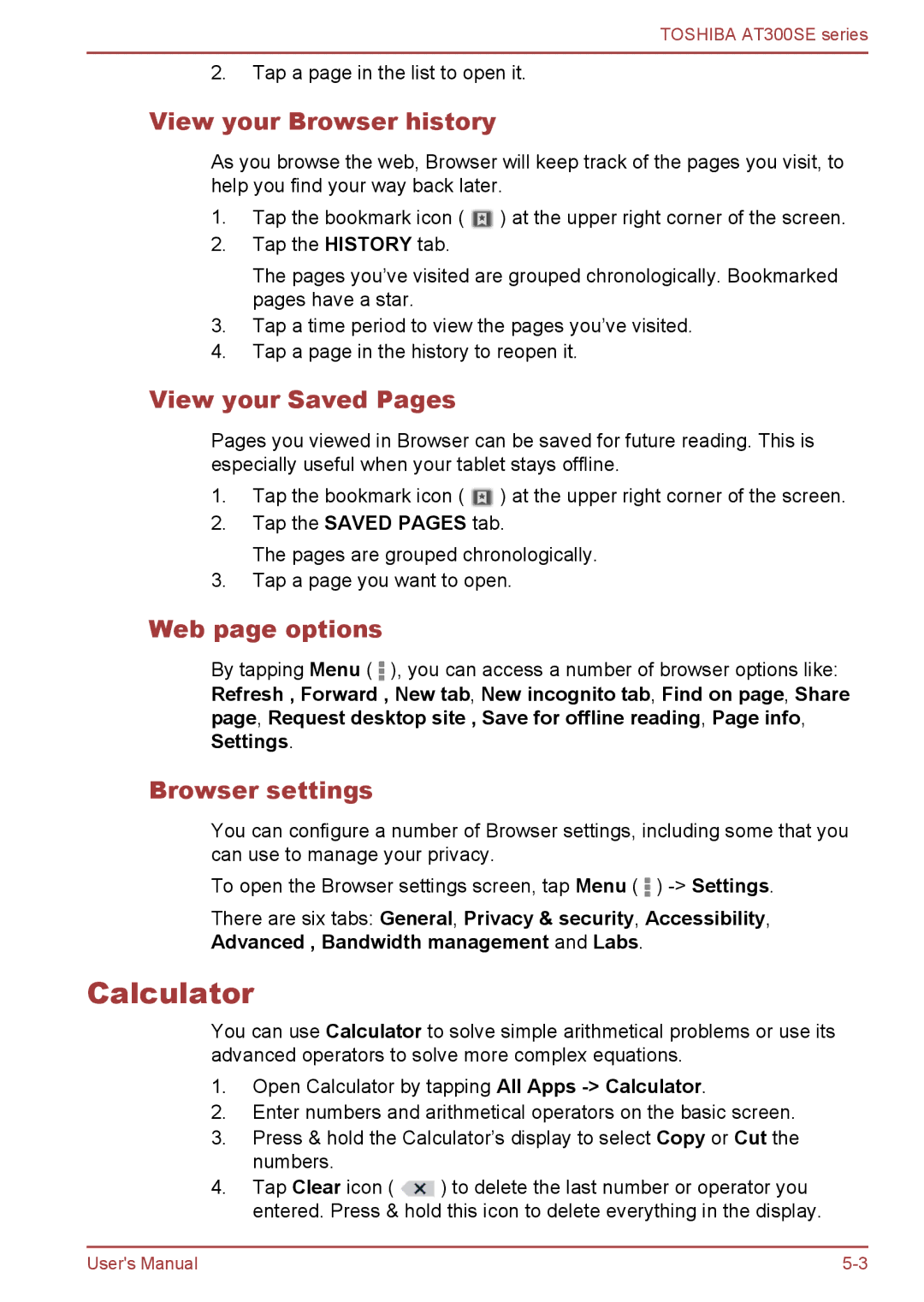 Toshiba AT300SE Calculator, View your Browser history, View your Saved Pages, Web page options, Browser settings 