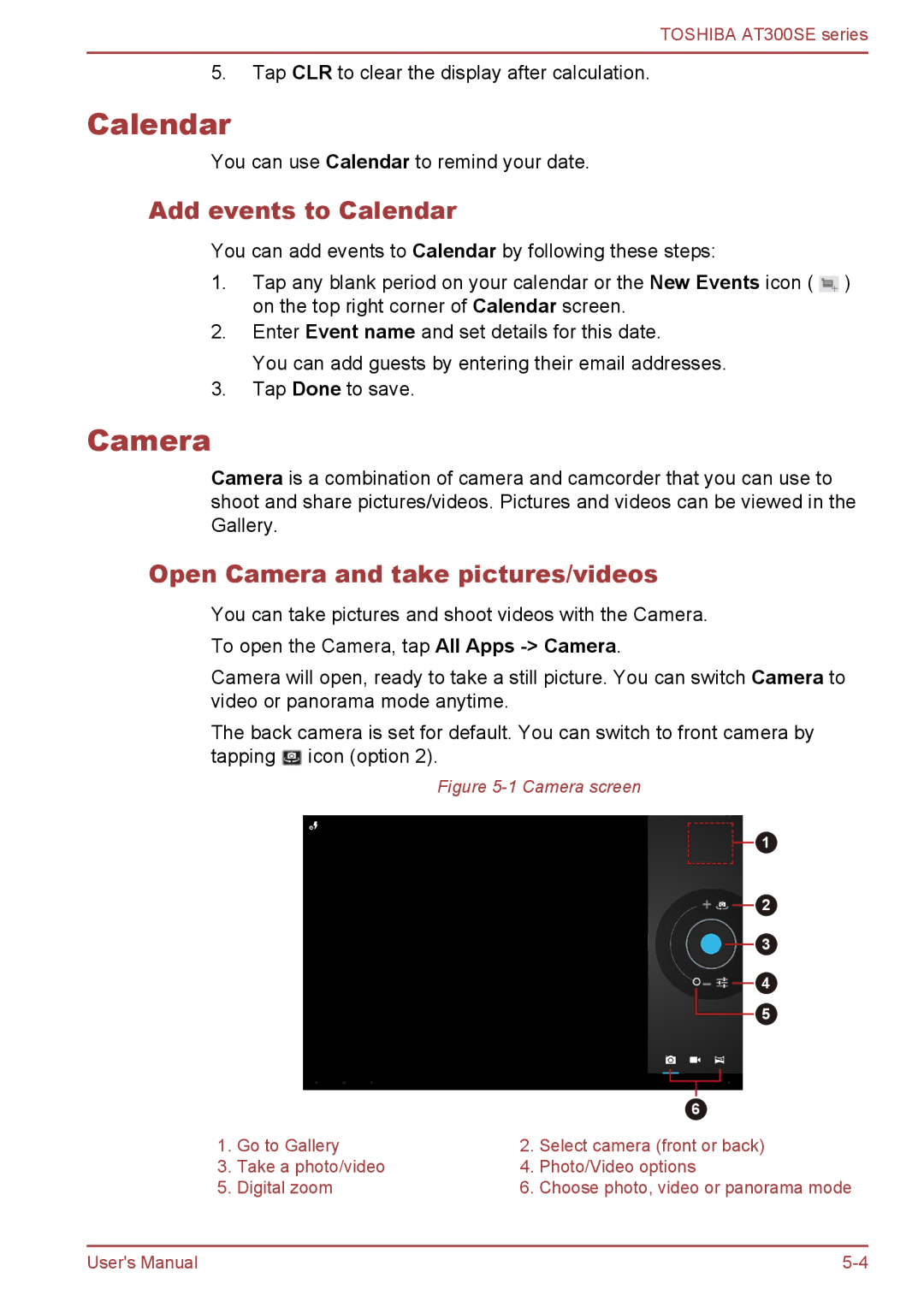 Toshiba AT300SE user manual Add events to Calendar, Open Camera and take pictures/videos 