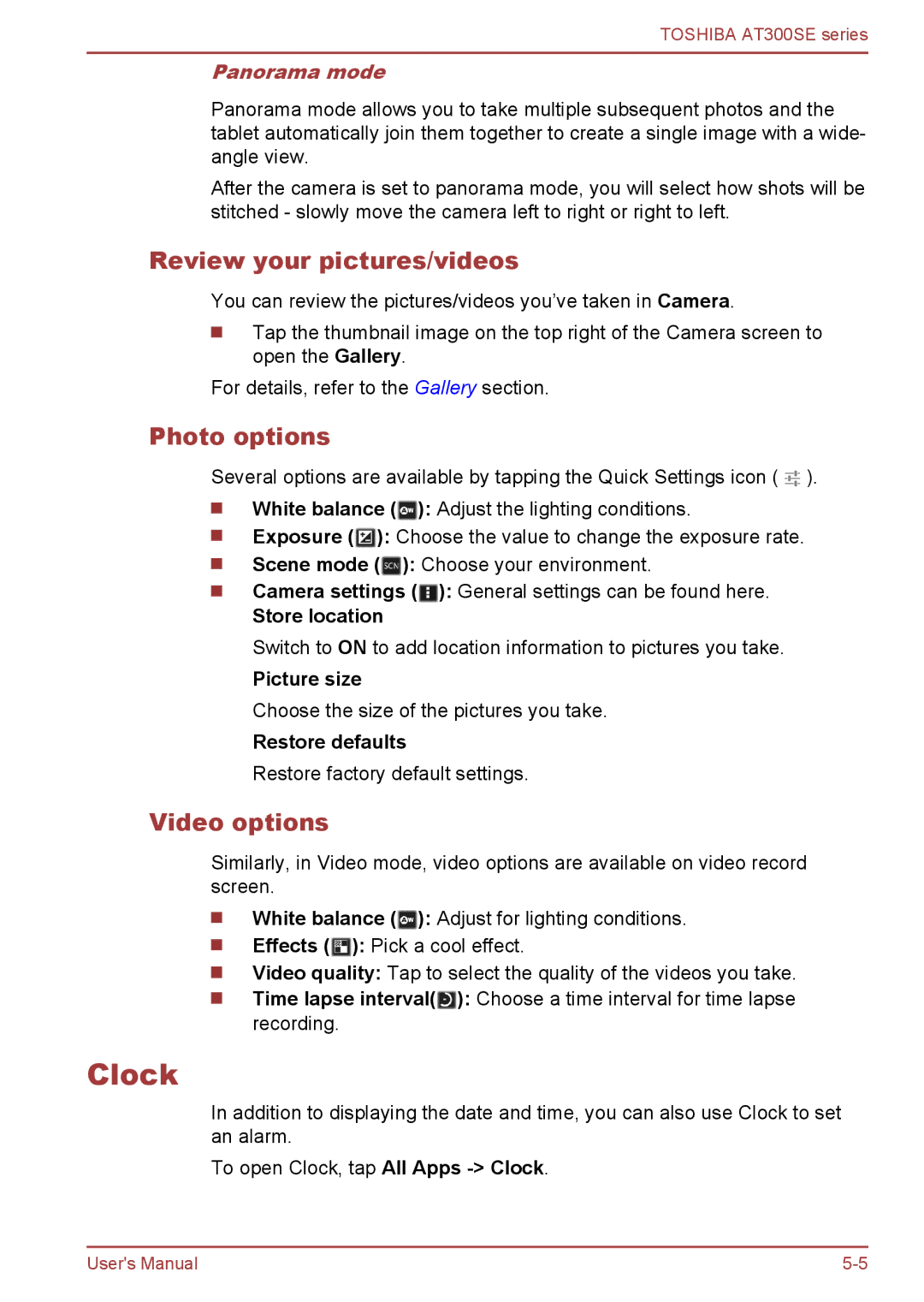 Toshiba AT300SE user manual Clock, Review your pictures/videos, Photo options, Video options, Panorama mode 