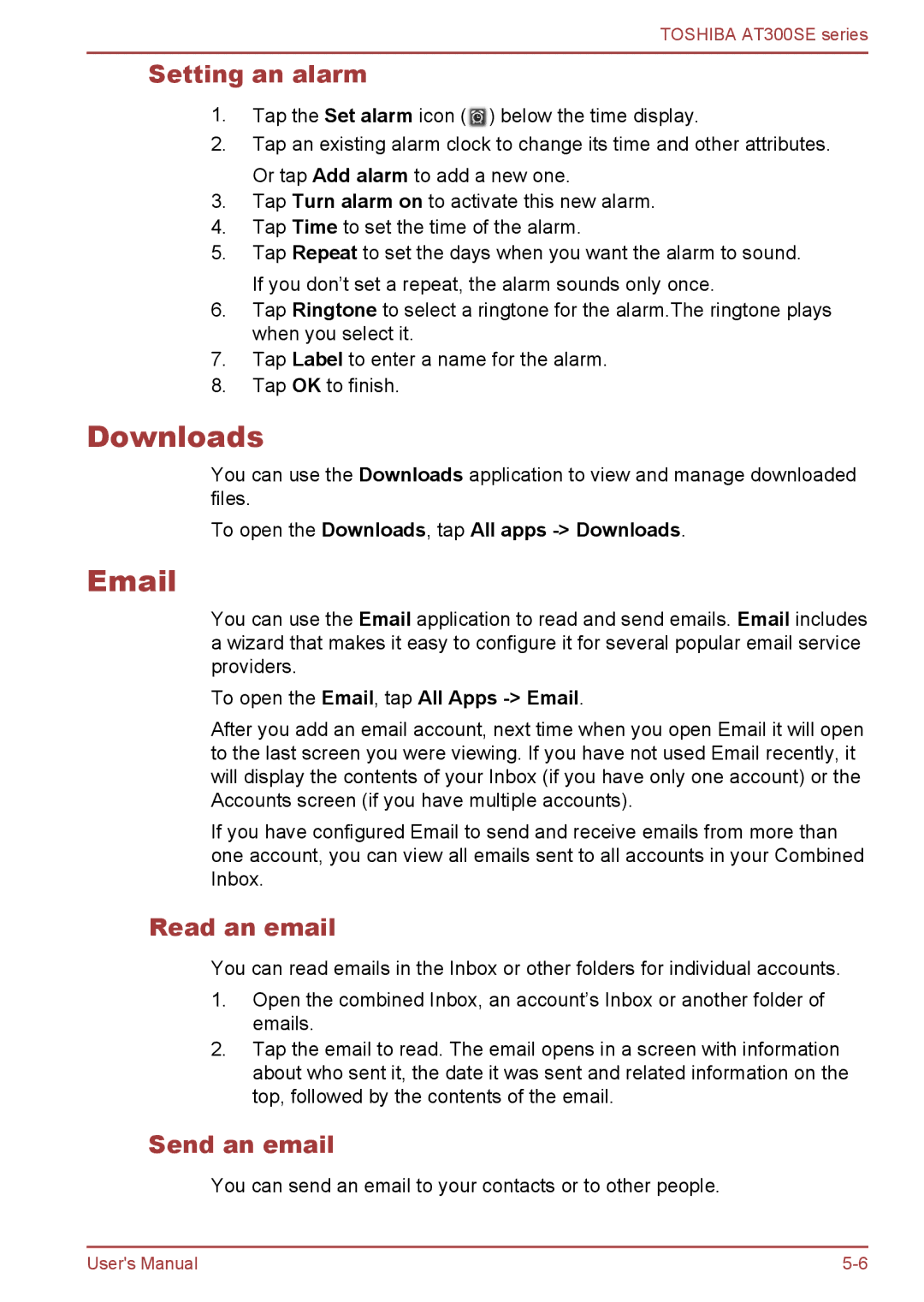 Toshiba AT300SE user manual Downloads, Setting an alarm, Read an email, Send an email 