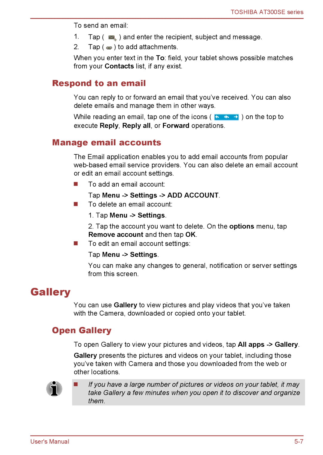 Toshiba AT300SE user manual Respond to an email, Manage email accounts, Open Gallery 