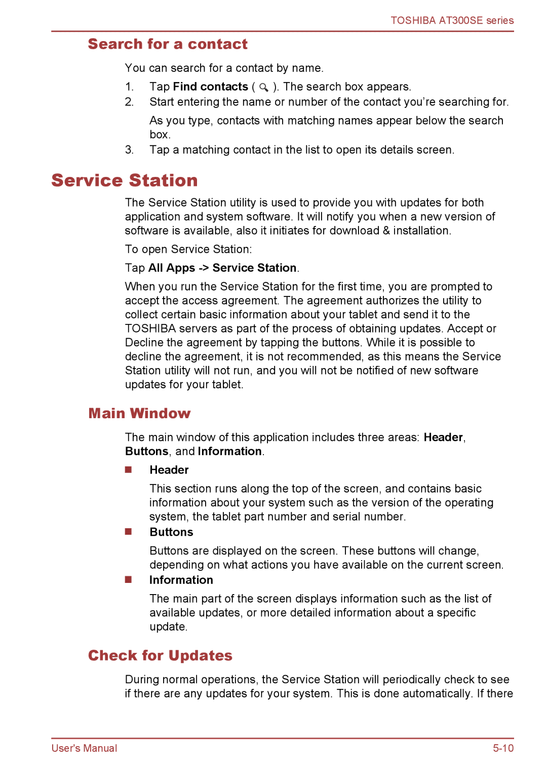 Toshiba AT300SE user manual Service Station, Search for a contact, Main Window, Check for Updates 