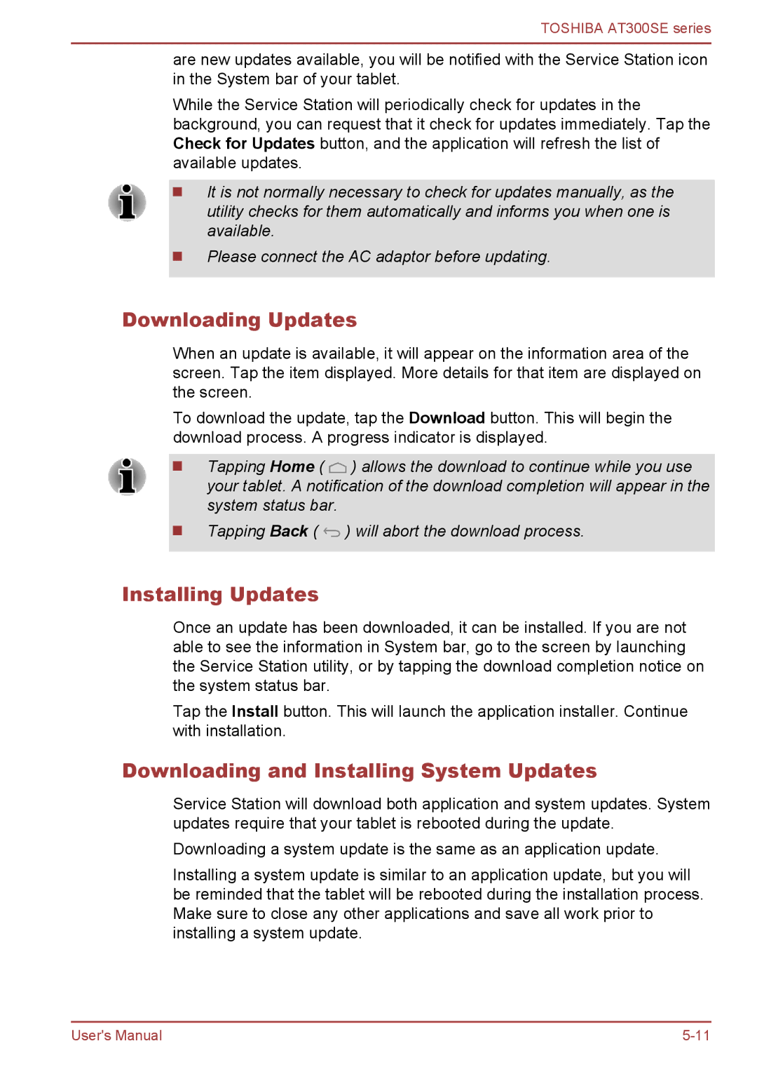 Toshiba AT300SE user manual Downloading Updates, Installing Updates, Downloading and Installing System Updates 