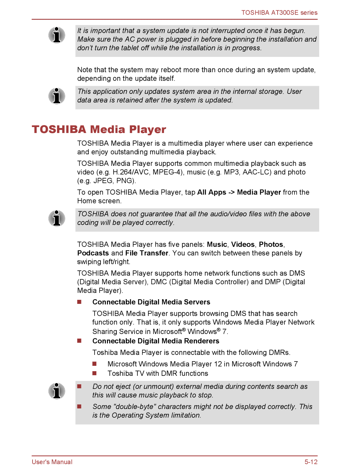 Toshiba AT300SE user manual Toshiba Media Player, Connectable Digital Media Servers, Connectable Digital Media Renderers 