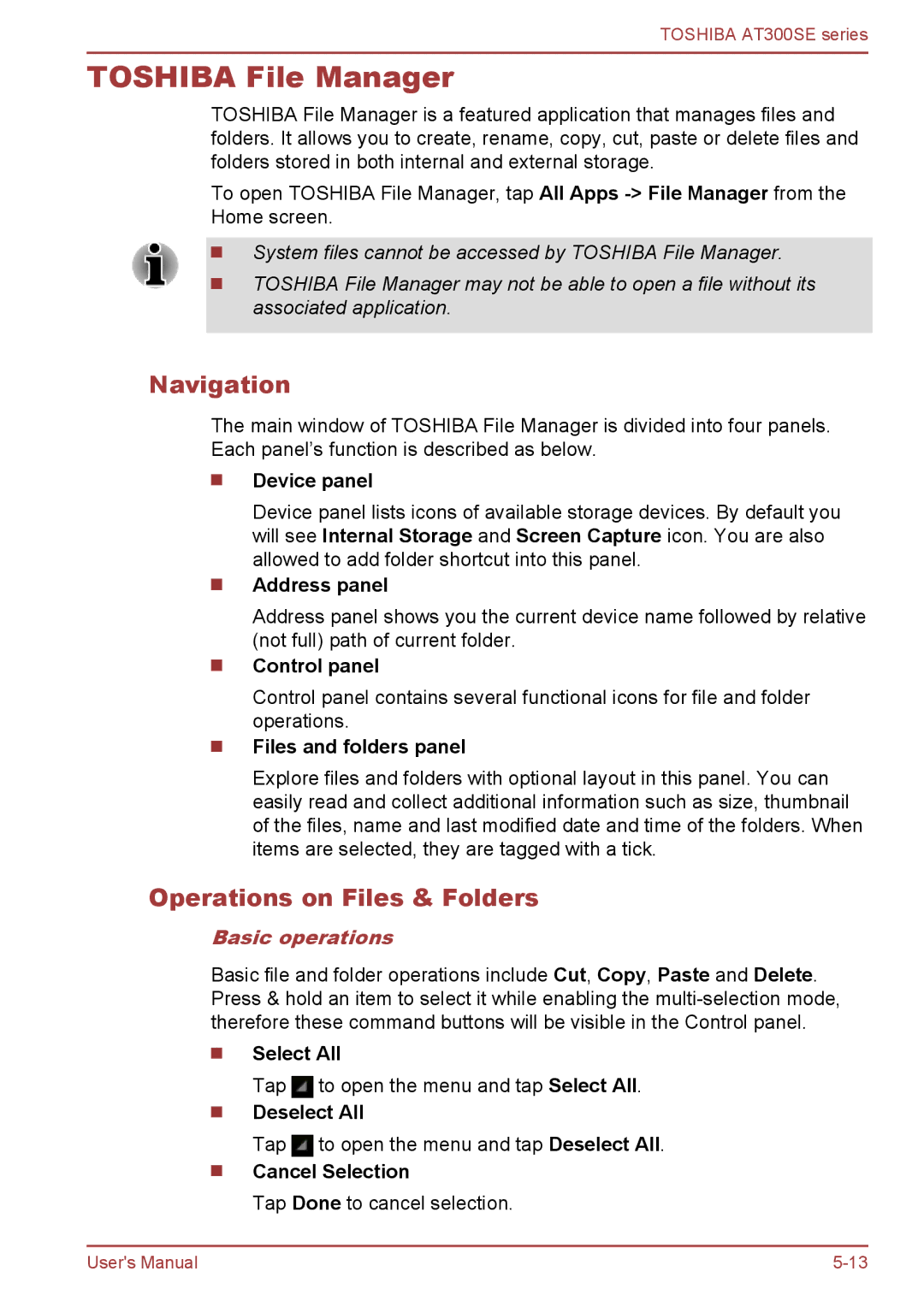 Toshiba AT300SE user manual Toshiba File Manager, Navigation, Operations on Files & Folders, Basic operations 