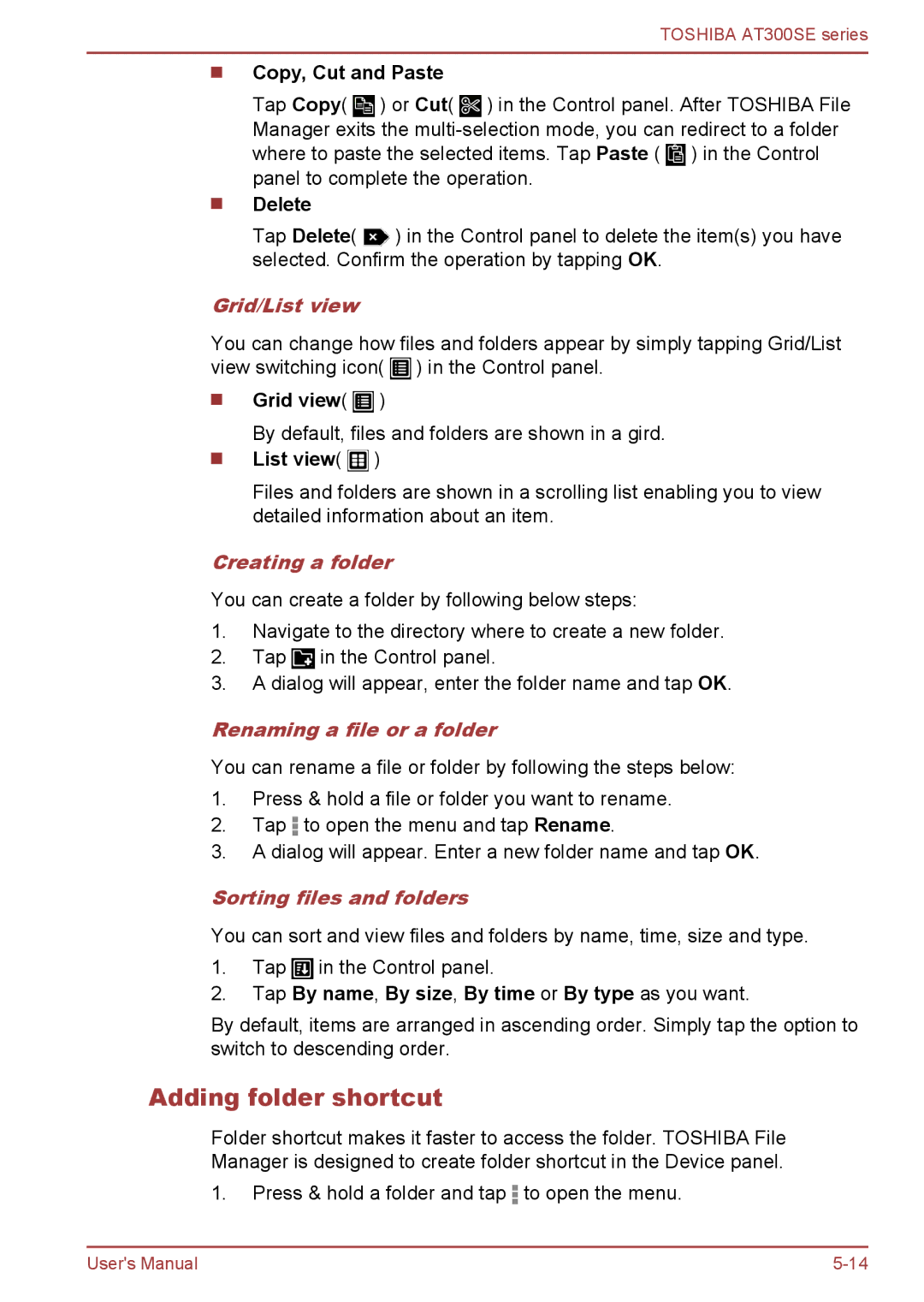 Toshiba AT300SE user manual Adding folder shortcut, Grid/List view, Creating a folder, Renaming a file or a folder 