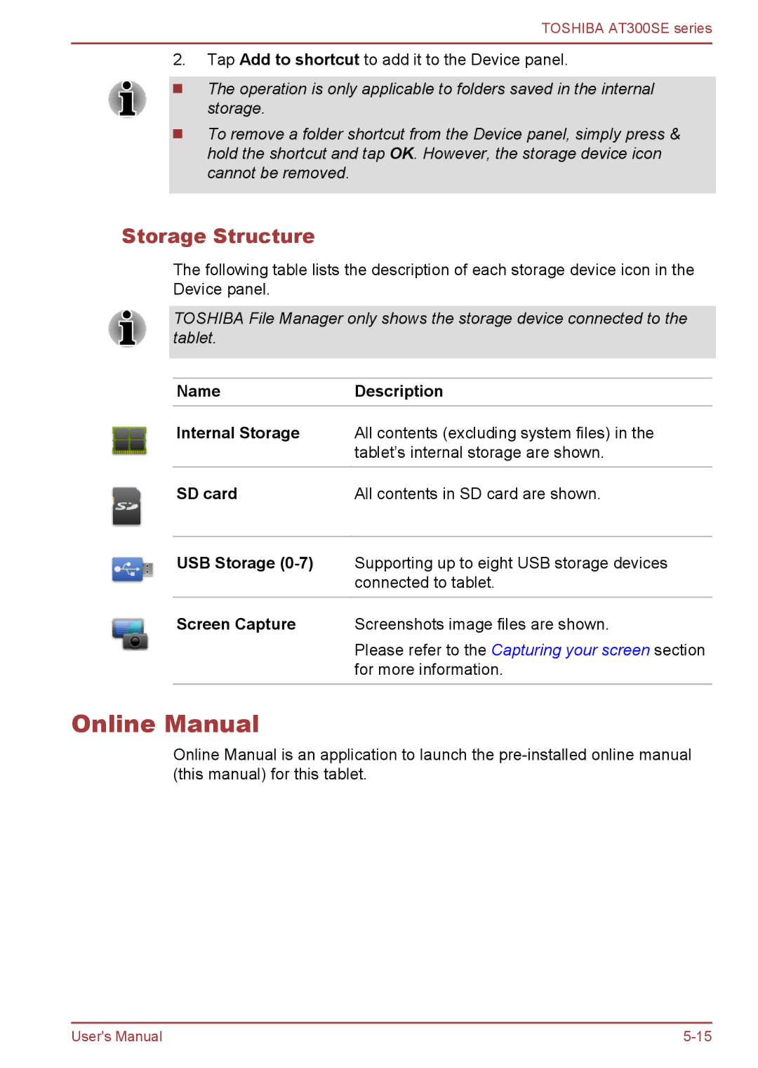 Toshiba AT300SE user manual Online Manual, Storage Structure, NameDescription, SD card 