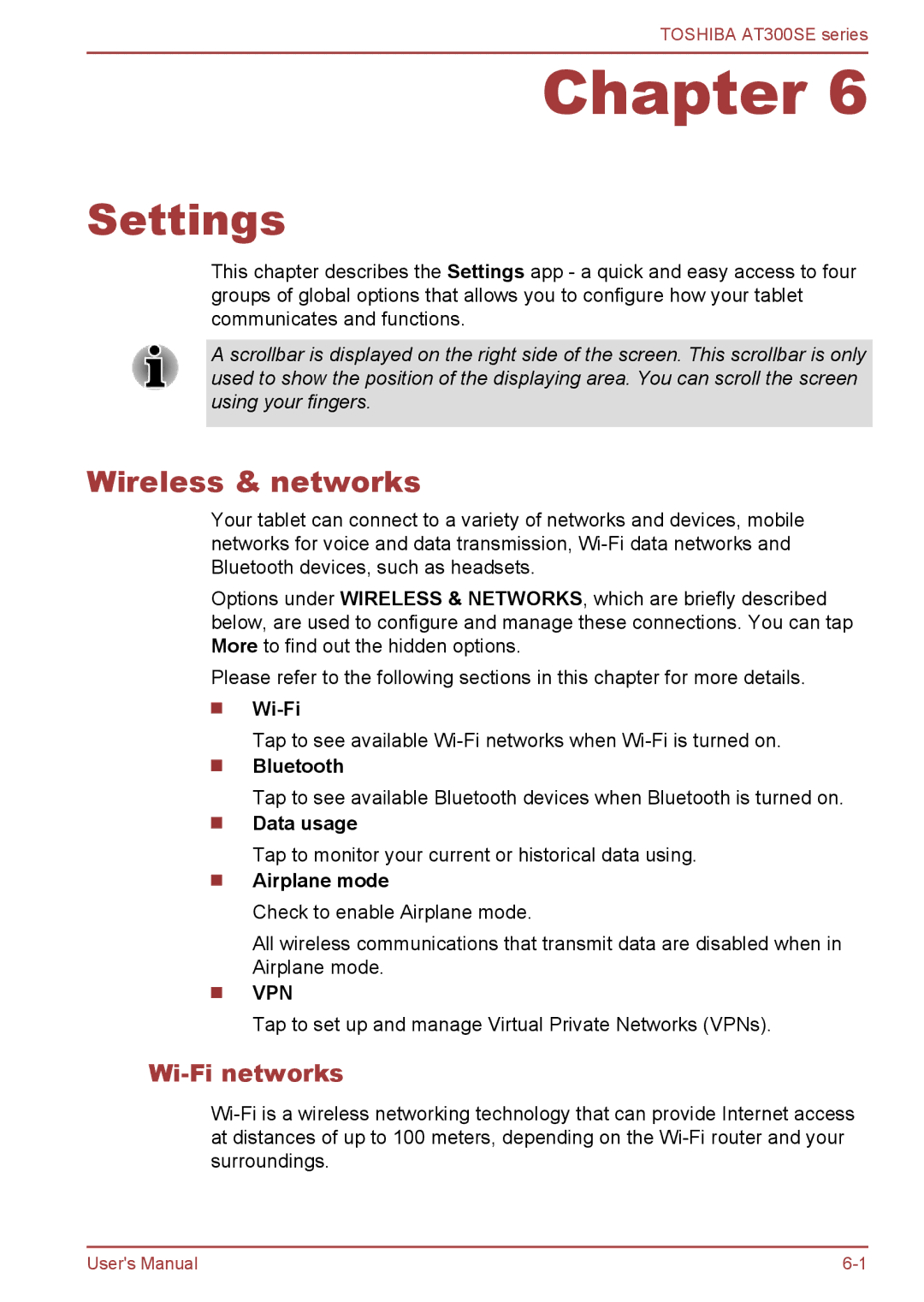 Toshiba AT300SE user manual Settings, Wireless & networks, Wi-Fi networks, Data usage 