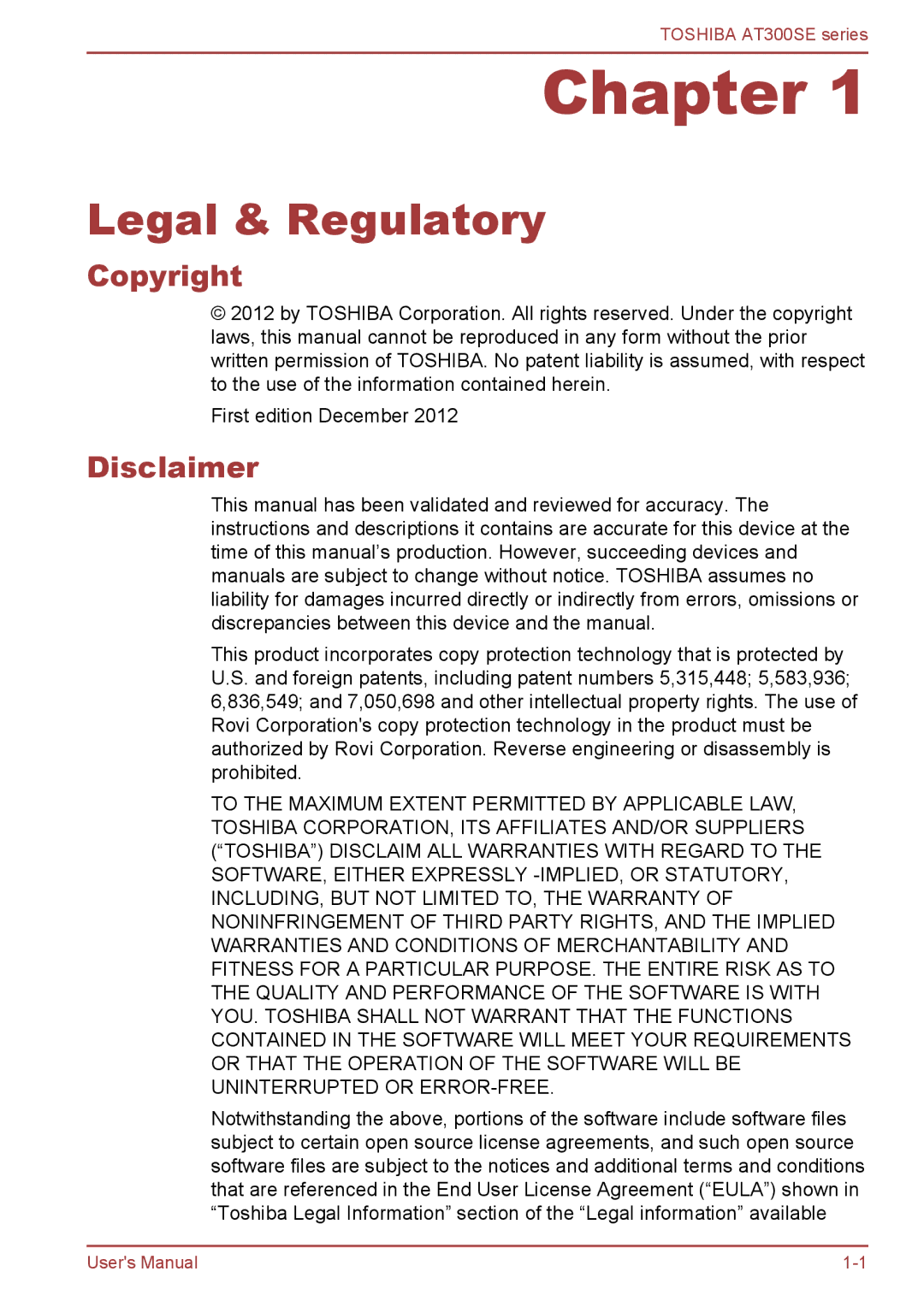 Toshiba AT300SE user manual Legal & Regulatory, Copyright, Disclaimer 